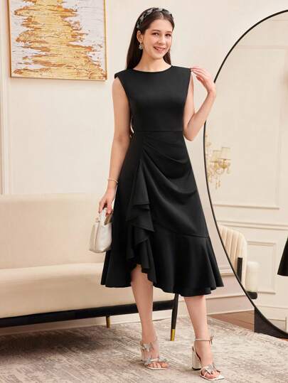 SHEIN فستان أنيق بدون أكمام بتصميم كشكش وتطريز دانتيل مناسب للمراهقات، فستان سهرة طويل، أنيق، للحفلات والمناسبات العائلية المهمة