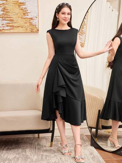 SHEIN فستان أنيق بدون أكمام بتصميم كشكش وتطريز دانتيل مناسب للمراهقات، فستان سهرة طويل، أنيق، للحفلات والمناسبات العائلية المهمة