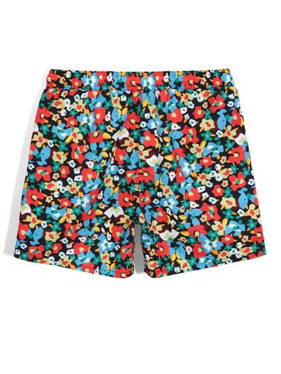 Manfinity Swimmode شورت شاطئ للرجال مطبوع بزخارف زهرية ، ذو خصر رباط تعديلي ، صيفي