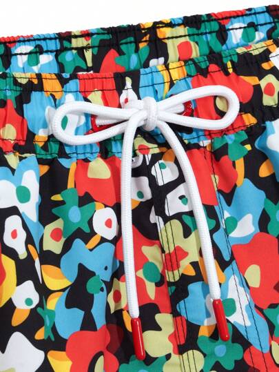 Manfinity Swimmode شورت شاطئ للرجال مطبوع بزخارف زهرية ، ذو خصر رباط تعديلي ، صيفي