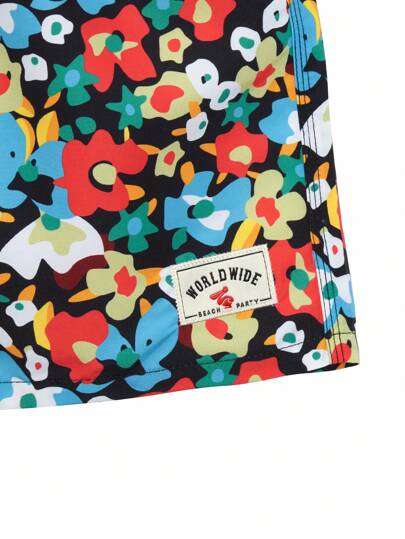 Manfinity Swimmode شورت شاطئ للرجال مطبوع بزخارف زهرية ، ذو خصر رباط تعديلي ، صيفي