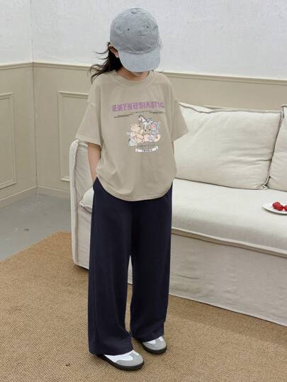 Dazy Kids طقم تي شيرت كنزة مطبوع برسمات وبنطلون بساق واسعة، للبنات في سن المراهقة، للربيع والصيف، ملابس كاجوال، قطعتان/مجموعة رمضان