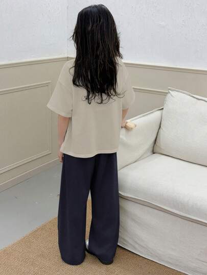 Dazy Kids طقم تي شيرت كنزة مطبوع برسمات وبنطلون بساق واسعة، للبنات في سن المراهقة، للربيع والصيف، ملابس كاجوال، قطعتان/مجموعة رمضان