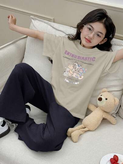 Dazy Kids طقم تي شيرت كنزة مطبوع برسمات وبنطلون بساق واسعة، للبنات في سن المراهقة، للربيع والصيف، ملابس كاجوال، قطعتان/مجموعة رمضان