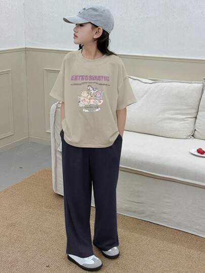 Dazy Kids طقم تي شيرت كنزة مطبوع برسمات وبنطلون بساق واسعة، للبنات في سن المراهقة، للربيع والصيف، ملابس كاجوال، قطعتان/مجموعة رمضان