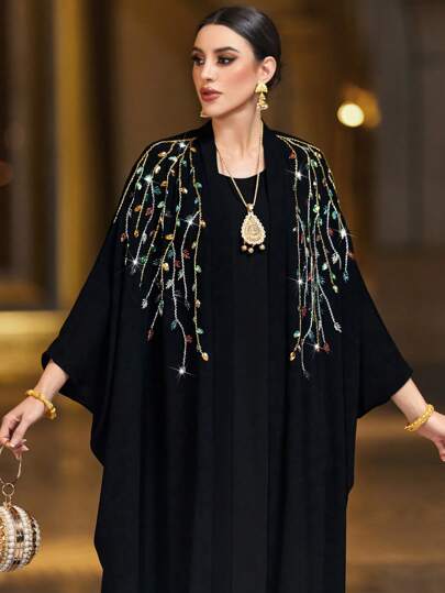 Al Najma رمضان عباءة نسائية أنيقة طويلة الأكمام فضفاضة، نمط نباتي مرصع بالراين، أناقة عربية