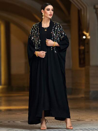 Al Najma رمضان عباءة نسائية أنيقة طويلة الأكمام فضفاضة، نمط نباتي مرصع بالراين، أناقة عربية