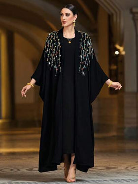 Al Najma رمضان عباءة نسائية أنيقة طويلة الأكمام فضفاضة، نمط نباتي مرصع بالراين، أناقة عربية
