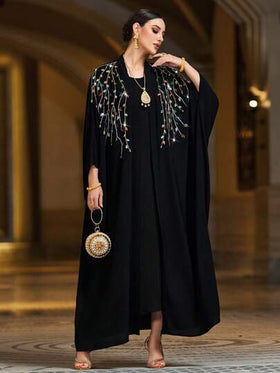 Al Najma رمضان عباءة نسائية أنيقة طويلة الأكمام فضفاضة، نمط نباتي مرصع بالراين، أناقة عربية