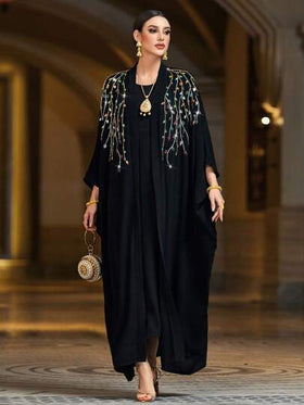 Al Najma رمضان عباءة نسائية أنيقة طويلة الأكمام فضفاضة، نمط نباتي مرصع بالراين، أناقة عربية