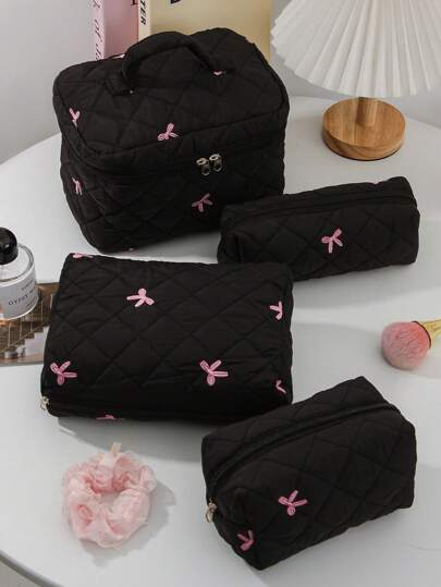 مجموعة حقيبة مستحضرات تجميل مبطنة مطرزة بفيونكة وردية، حقيبة مكياج سعة كبيرة بألوان ماكرون جميلة، حقيبة أدوات تجميل خفيفة الوزن ومبطنة، مناسبة للتخزين والاستخدام اليومي أثناء السفر. تصلح كحقيبة مكياج للمدرسة، لوازم العودة للمدرسة، تخزين مستحضرات التجميل،