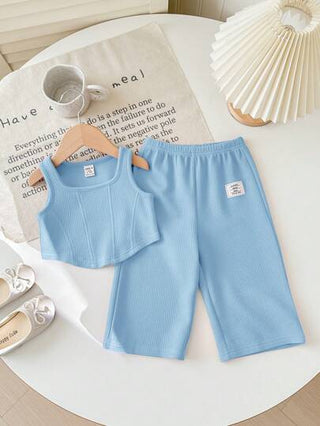 SHEIN طقم ملابس علوية قطن وبنطال وسط مطاطي وردي فاتح للبنات الصغار 2 قطعة