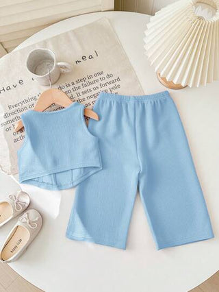 SHEIN طقم ملابس علوية قطن وبنطال وسط مطاطي وردي فاتح للبنات الصغار 2 قطعة