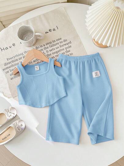 SHEIN طقم ملابس علوية قطن وبنطال وسط مطاطي وردي فاتح للبنات الصغار 2 قطعة
