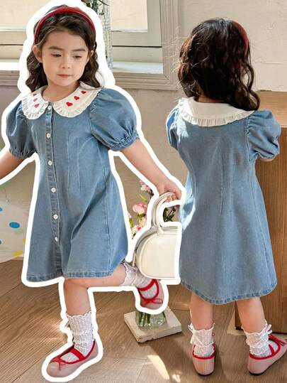 SHEIN Genkimix Kids فستان جينز كاجوال أنيق للفتاة الصغيرة، طويل الأكمام ذو أكمام منتفخة، صدر أحادي، قبة بيتر بان