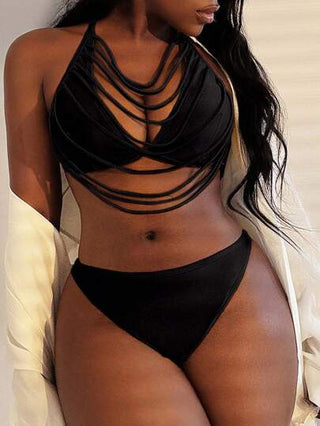 Slaydiva 2 قطعة بكينيْ طقم سباحة للمرأة، جزئي ذو شريطان على الظهر بلون أسود، مناسب للسهرات الكاجوال والعطلات والشاطئ والعطلات