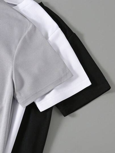 SHEIN 3 قطع/طقم ملابس علوية كرو نيك للفتى المراهق بتزيين تطريزي ، ملابس علوية أكمام قصيرة ، ربيع/صيف