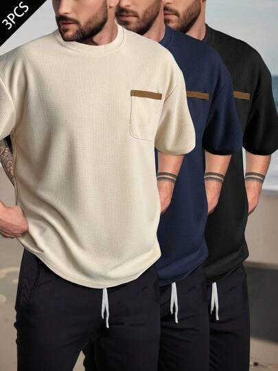 Manfinity Homme 3 قطع تي شيرت قصير الأكمام بجيب بتصميم ألوان مجزأ بسيط للرجال الكاجوال، تي شيرتات صيفية عادية للرجال