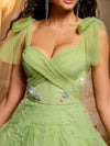 Glamrae فستان ماكسي أنيق من خيوط الشبك بلون أخضر نعناعي، بتصميم عنقي مع فيونكة, مطرز بزخارف نباتية, بخط A وأشرطة ظهر قابلة للتعديل، مناسب للمناسبات الرسمية، حفلات، سهرات، زفاف