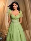 Glamrae فستان ماكسي أنيق من خيوط الشبك بلون أخضر نعناعي، بتصميم عنقي مع فيونكة, مطرز بزخارف نباتية, بخط A وأشرطة ظهر قابلة للتعديل، مناسب للمناسبات الرسمية، حفلات، سهرات، زفاف