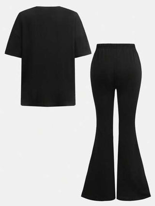 EZwear مجموعة بلوزة تي شيرت قصيرة الأكمام مطبوعة مع فيونكة وبنطلون رحب للنساء في الصيف ، مجموعة كاجوال