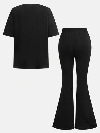 EZwear مجموعة بلوزة تي شيرت قصيرة الأكمام مطبوعة مع فيونكة وبنطلون رحب للنساء في الصيف ، مجموعة كاجوال