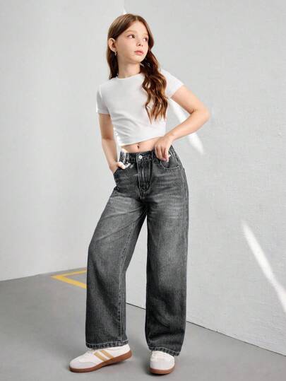SHEIN بنطلون جينز واسع سترايت كاجوال للفتيات المراهقات، سراويل جينز بساق واسعة و فضفاضة، أنيق