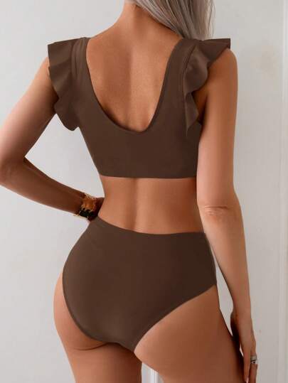 طقم تانكيني حريمي Swim Lushoire طقم ملابس سباحة للنساء، لباس علوي بدون حمالات بحافة متدلية واسفل بتصميم لون أحادي