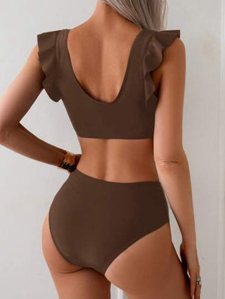 طقم تانكيني حريمي Swim Lushoire طقم ملابس سباحة للنساء، لباس علوي بدون حمالات بحافة متدلية واسفل بتصميم لون أحادي
