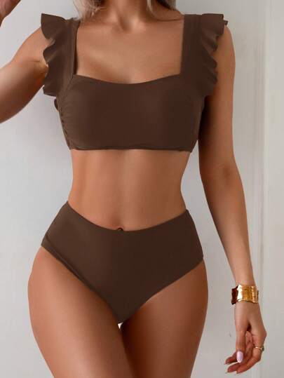 طقم تانكيني حريمي Swim Lushoire طقم ملابس سباحة للنساء، لباس علوي بدون حمالات بحافة متدلية واسفل بتصميم لون أحادي