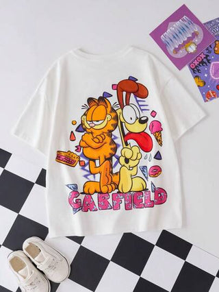 تيشيرتات بناتي GARFIELD X  تي شيرت قصير الأكمام كاجوال وجميل للبنات بطبعات الكلب الكرتوني الأبيض، والدونات والآيس كريم