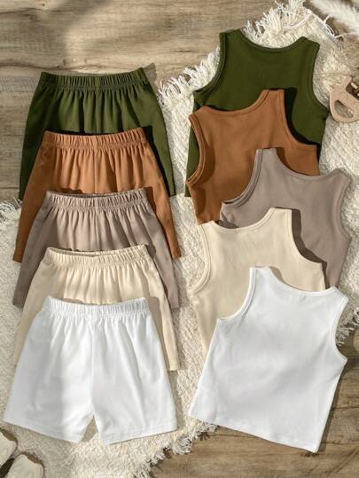 SHEIN Vintaside Kids 10 قطعة مجموعة ملابس صيفية للأطفال الرضع الجنسين، تتكون من بلوزات بياقة دائرية باللون الأسود والأبيض والرمادي والأزرق والأخضر الرمادي مع شورتات فضفاضة مطابقة، بتصميم بسيط، مناسبة للعب في الخارج والارتداء اليومي للأطفال الرضع