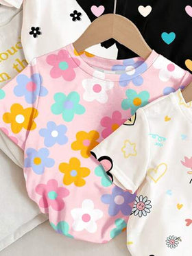 SHEIN 4 قطع /مجموعة بنات شابات قمصان تيشيرت قصيرة الأكمام أساسية كاجوال بطبعات زهور وقلوب وبقع لطيفة تصميم متاح للربيع والصيف