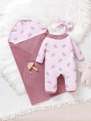SHEIN مجموعة من 3 قطع للبنات الرضع تتكون من رومبير مطبوعة بالأزهار بأكمام طويلة وعمامة وشال للكتف ،أناقة في الملابس المنزلية
