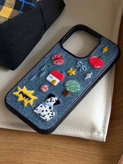 حالة هاتف مضادة للسقوط متوافقة مع أيفون، مزخرفة بطبعات بولكا دوت، وأشكال الكلب المنزل والنجمة والقوس والحرف والجينز