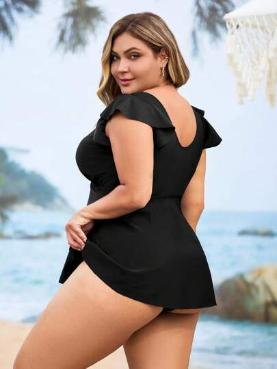 طقم تانكيني حريمي Swim Lushoire 2 قطعة ملابس علوية مقاس كبير للنساء بياقة على شكل حرف V مزينة بزهور وأكمام بيبلوم وملابس السباحة البيكيني، موضة رسمية للعطلات