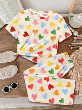 SHEIN Leap Crew جمبسوت قصيرة الأكمام بطبعة قلوب ملونة بتصميم بسيط مناسبة للفتيات في سن المراهقة، مناسبة للصيف