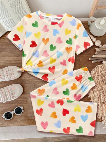 SHEIN Leap Crew جمبسوت قصيرة الأكمام بطبعة قلوب ملونة بتصميم بسيط مناسبة للفتيات في سن المراهقة، مناسبة للصيف