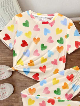 SHEIN Leap Crew جمبسوت قصيرة الأكمام بطبعة قلوب ملونة بتصميم بسيط مناسبة للفتيات في سن المراهقة، مناسبة للصيف