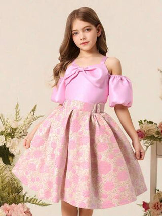 girls-sets مجموعة متكونة من 2 قطعة للفتيات البالغات، ملابس علوية أنيق بأكمام على شكل فراشة وتنورة مزهرة, باللون الوردي، صيفي