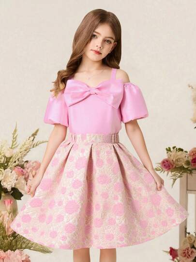 girls-sets مجموعة متكونة من 2 قطعة للفتيات البالغات، ملابس علوية أنيق بأكمام على شكل فراشة وتنورة مزهرة, باللون الوردي، صيفي