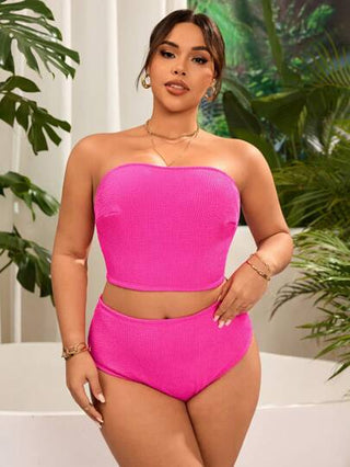 SHEIN Slayr CURVE ملابس سباحة كاجوال لعطلة الشاطئ، مجموعة قطعتين (توب وشورت) للمرأة البدينة، اللون أحادي ، طراز بسيط منمنم، خصر عالٍ