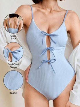 SHEIN Swim زي سباحة قطعة واحدة للنساء بألوان أزرق وشريطي مع فيونكة، جميل وطازج، مناسب للربيع والصيف وعطلات الشاطئ