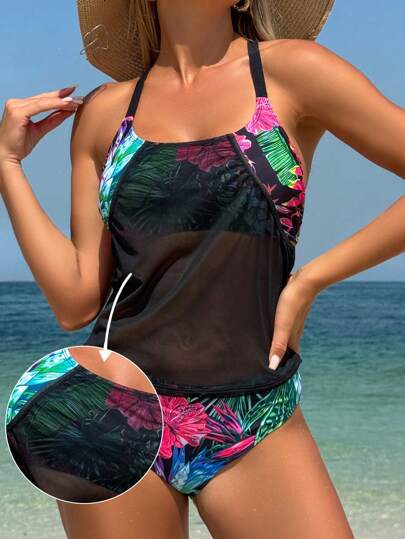 طقم تانكيني حريمي Swim Lushoire ملابس علوية سباحة نسائية باطار شبكي وظهر أخضر وزهري بطبعة نباتات استوائية ،ملابس شاطئية ، ملابس سباحة نسائية حديثة من قطعتين لربيع وصيف ، بذلات سباحة نسائية من قطعة واحدة، بذلات سباحة نسائية من طبقتين