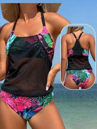 طقم تانكيني حريمي Swim Lushoire ملابس علوية سباحة نسائية باطار شبكي وظهر أخضر وزهري بطبعة نباتات استوائية ،ملابس شاطئية ، ملابس سباحة نسائية حديثة من قطعتين لربيع وصيف ، بذلات سباحة نسائية من قطعة واحدة، بذلات سباحة نسائية من طبقتين
