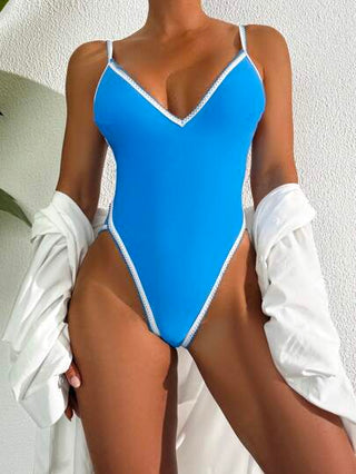 مايوه حريمي قطعة واحدة Swim SPRTY ملابس صيفية للشاطئ، بدلة سباحة قطعة واحدة جديدة بحمالات وتطريز متباين ظهر عاري، بدلة سباحة قطعة واحدة