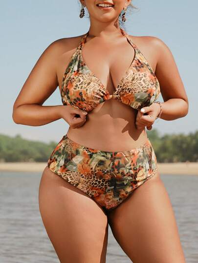 Swim SXY مجموعة بيكيني مقاس كبير للنساء، تشمل 2 قطعة: ملابس علوية البيكيني بطبعة أزهار ونمر، وتنورة نمري منخفضة من الأمام وعالية من الخلف للارتداء على الشاطئ