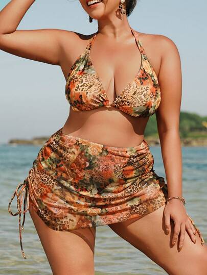 Swim SXY مجموعة بيكيني مقاس كبير للنساء، تشمل 2 قطعة: ملابس علوية البيكيني بطبعة أزهار ونمر، وتنورة نمري منخفضة من الأمام وعالية من الخلف للارتداء على الشاطئ
