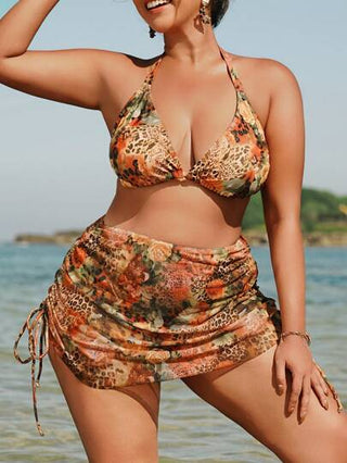 Swim SXY مجموعة بيكيني مقاس كبير للنساء، تشمل 2 قطعة: ملابس علوية البيكيني بطبعة أزهار ونمر، وتنورة نمري منخفضة من الأمام وعالية من الخلف للارتداء على الشاطئ
