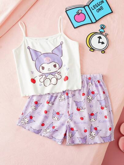 HELLO KITTY AND FRIENDS | SHEIN طقم بيجامة كاجوال مريح للفتيات المراهقات يتكون من ملابس علوية كاميسول أبيض بطباعة كرتونية وشورت بنفسجي
